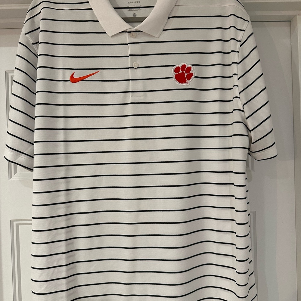 Nike Clemson Men's White Polo with Grey Stripes and Orange Logo